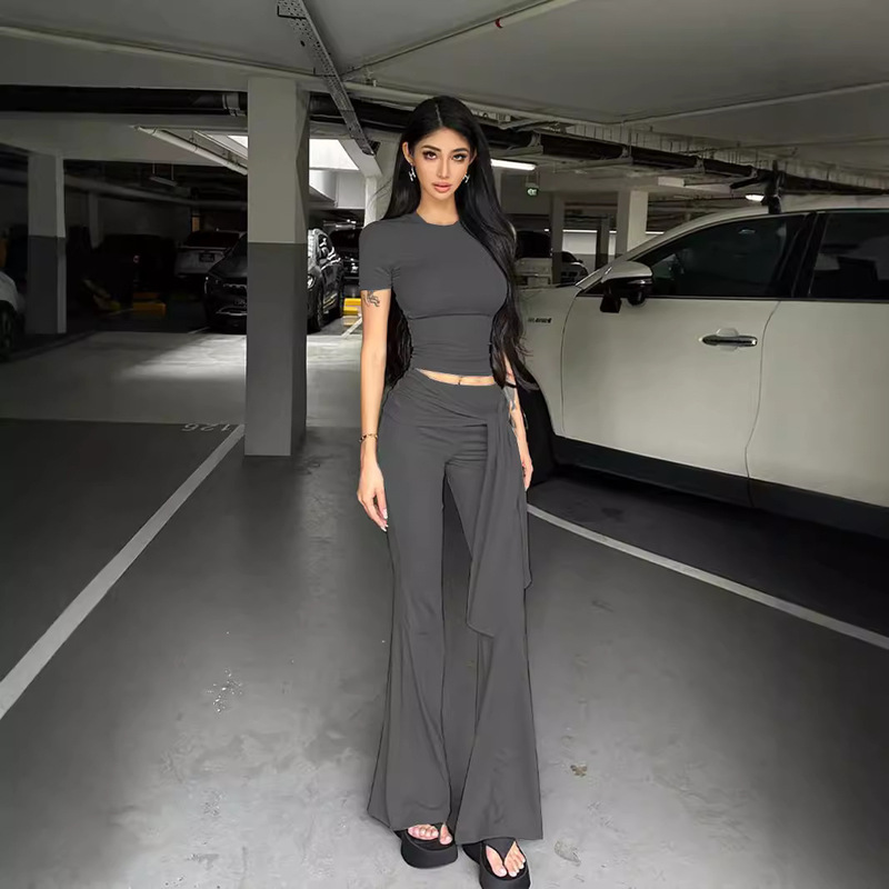 European and American Round Neck Slim-Fitting Short-Sleeved T-Shirt + Low-Waist Pleated Straps Hip-Covering Floor-Length Casual Pants Two-Piece Set