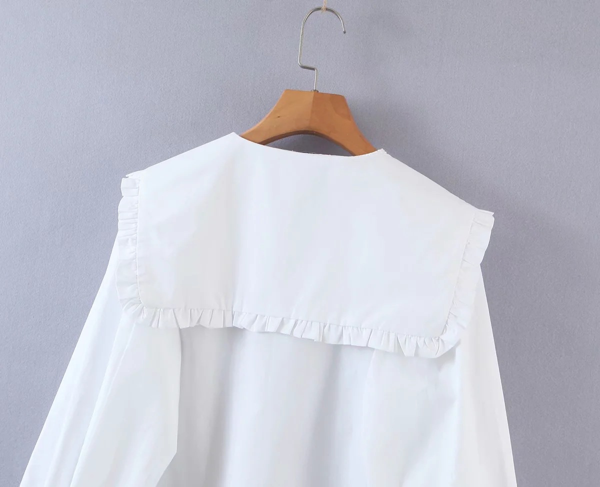 Blusa camisera retro de algodón de manga larga con cuello de muñeca blanca NSAC63476