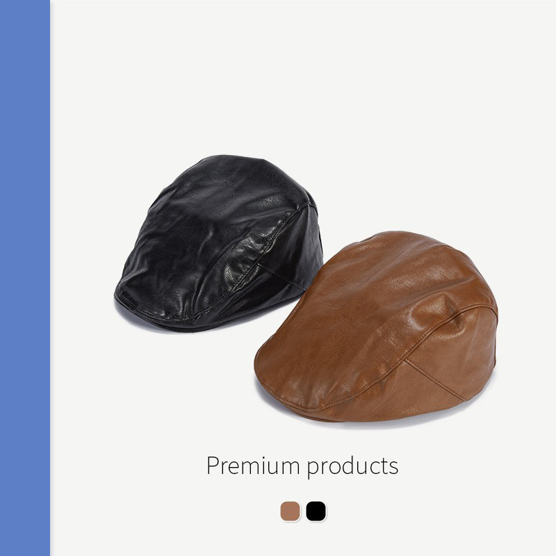 Estilo coreano pu cuero delantero sombrero de las mujeres de primavera y verano japonés retro boina marrón moda enarboló tapa de los hombres de moda negro