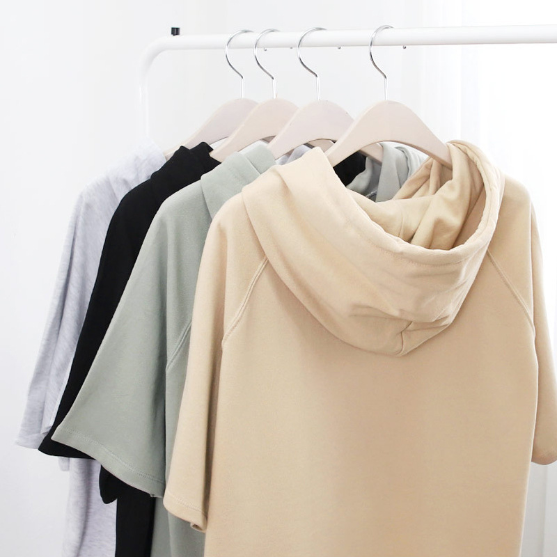 Estilo coreano color sólido simple verano cordón camiseta verano Mujer suéter con capucha manga corta suelta split 200kg Campus Todo a juego