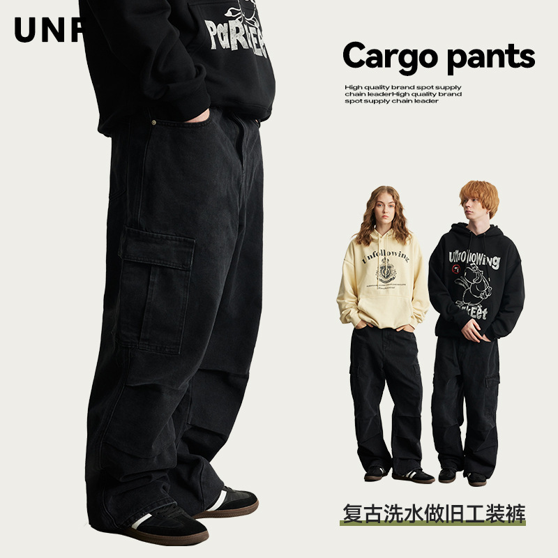 Pantalones cargo estilo americano UNF para hombre, otoño-invierno 2024, nuevos, lavados, vintage, multibolsillos, holgados, de marca original, jeans de moda.