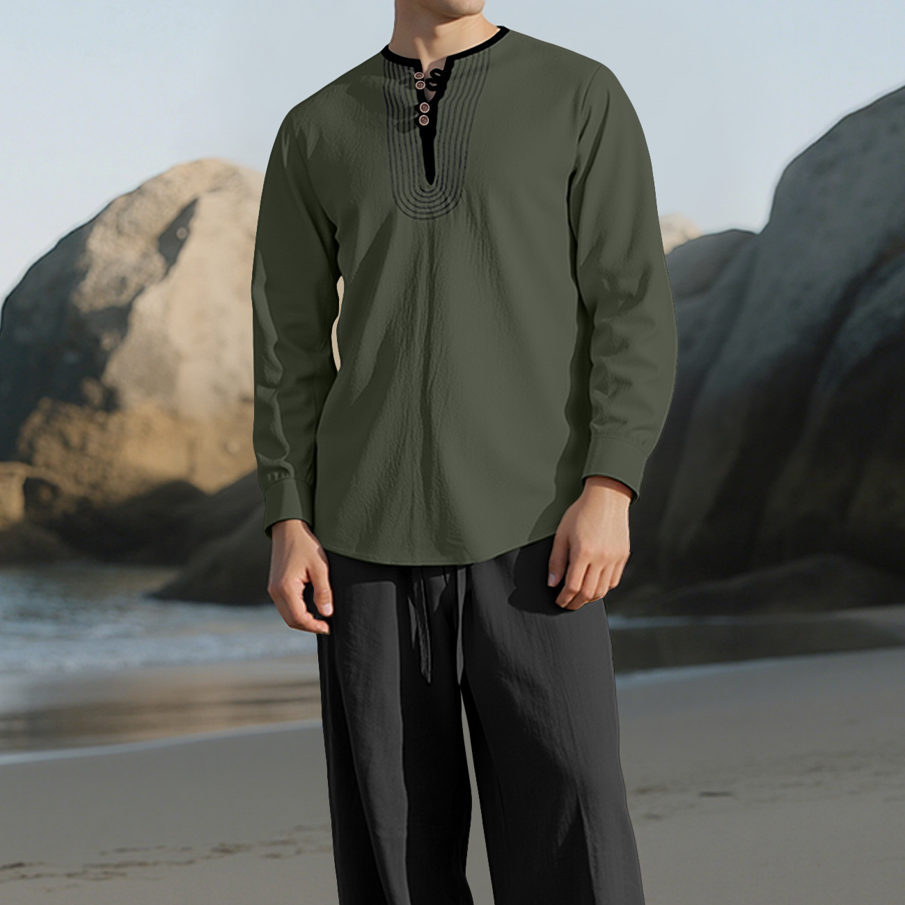 Nuevo transfronterizo Europa y América Amazon cuatro estaciones lino hombre relajado transpirable manga larga camisa larga juego de playa
