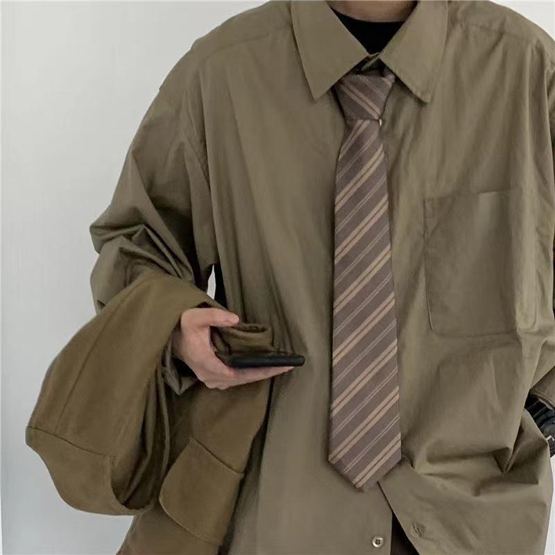 Contrast Color Striped Retro Style Casual Coffee Shirt Tie Hand-Tied Green Versatile Vintage Brown Trendy