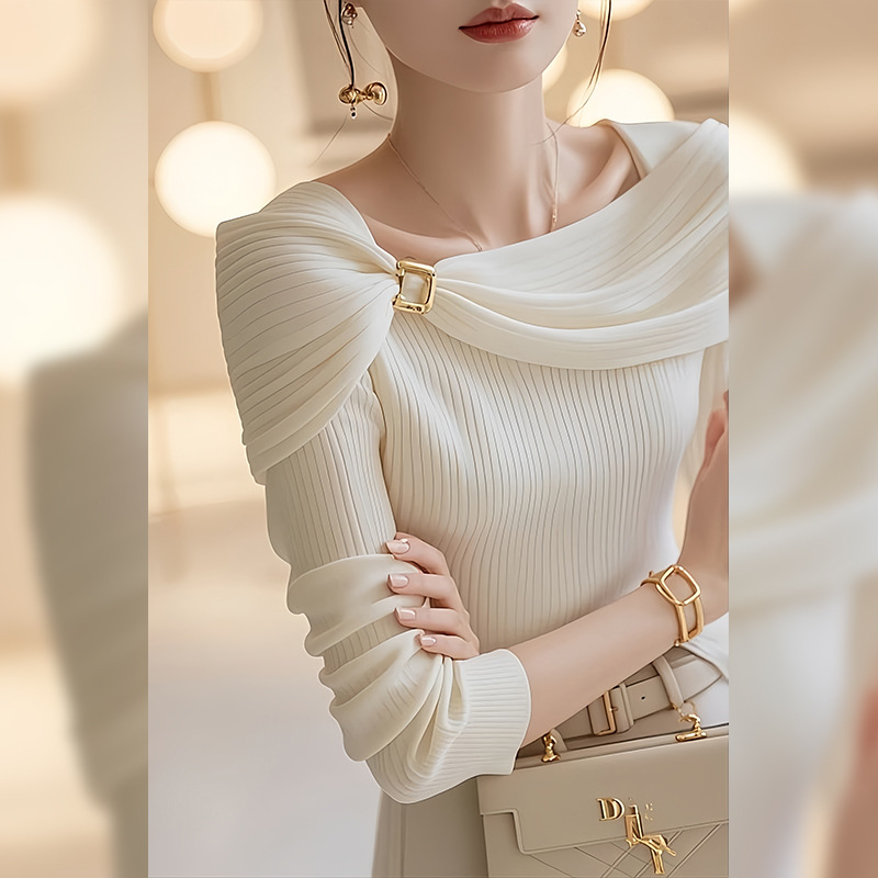 白色一字肩披肩打底针织衫2025开秋季新款女装韩系小众不撞款上衣