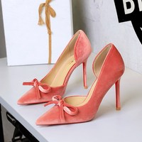 9269-H135 European and American sexy red sole thin heel bow side empty high heels pointed temperament banquet single shoes for women