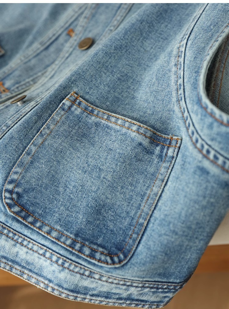 Áo vest denim nữ ngắn tay rộng rãi phong cách thời trang xuân hè — Xanh denim chi tiết 15