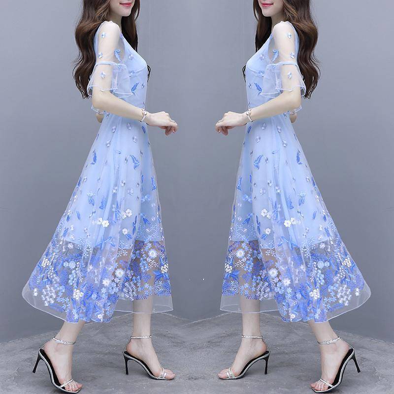 High-grade dress 2025 New Super Fairy Long Fairy Dress Summer Stylishly Printed Belly Covering Embroidered Mesh Dress