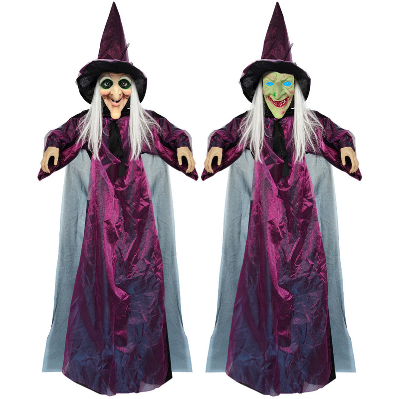 Purple Hanging Ghost Witch Voice-Activated Glowing Screaming Escape Room Witch Pendant Halloween Haunted House Decoration Prop