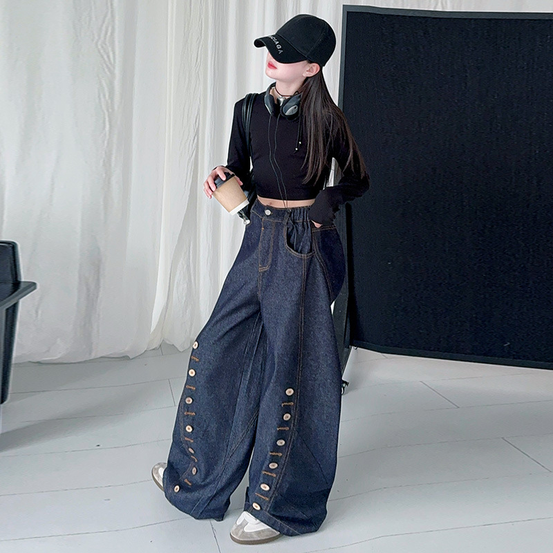 Men's Clothing Buttoned Scimitar Jeans Vintage Button-Fly Curved Hem Jeans For Kids - Soft Denim Stretch Comfort Fit (120-170cm, Unisex)_mkmklike.com