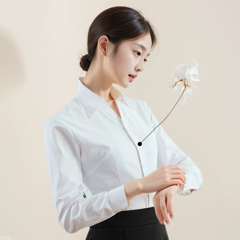 2025 новая женская длинная рубашка с рукавами белая рубашка тонкая профессиональная одежда OL Интервью рабочая одежда хлопчатобумажная рубашка с V-образным вырезом