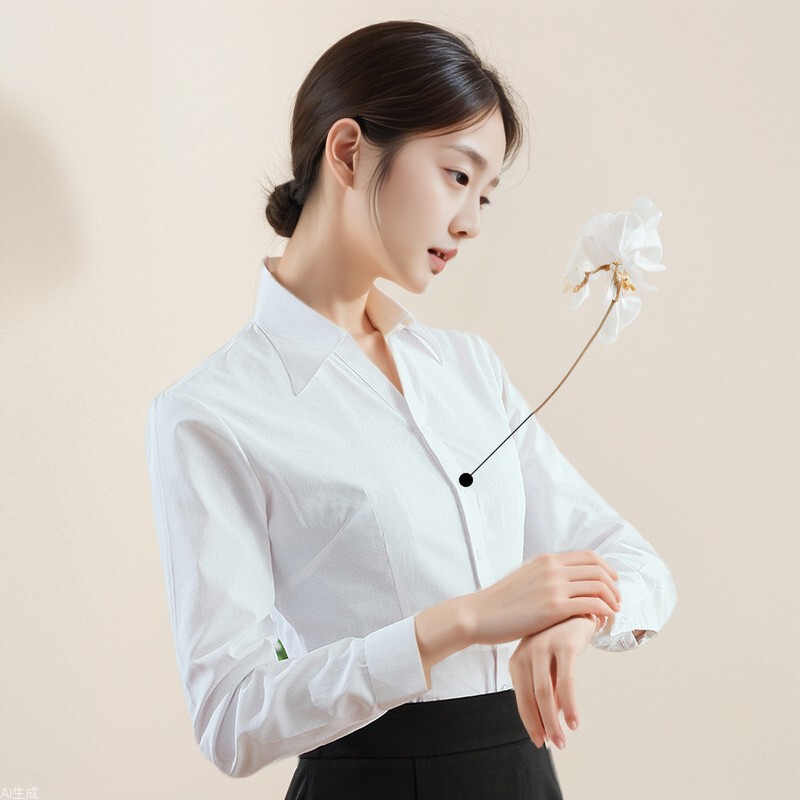 2026 New Style Women's Long-Sleeved White Shirt Ol Slim-Fit Professional Attire Interview Workwear Cotton V-Neck Shirt Formal Collar