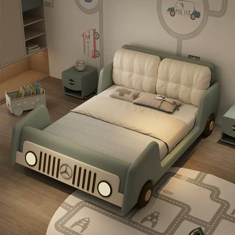 儿童床宝宝男孩大奔吉普汽车床卡通卧室床带滑滑梯护栏皮床单人床