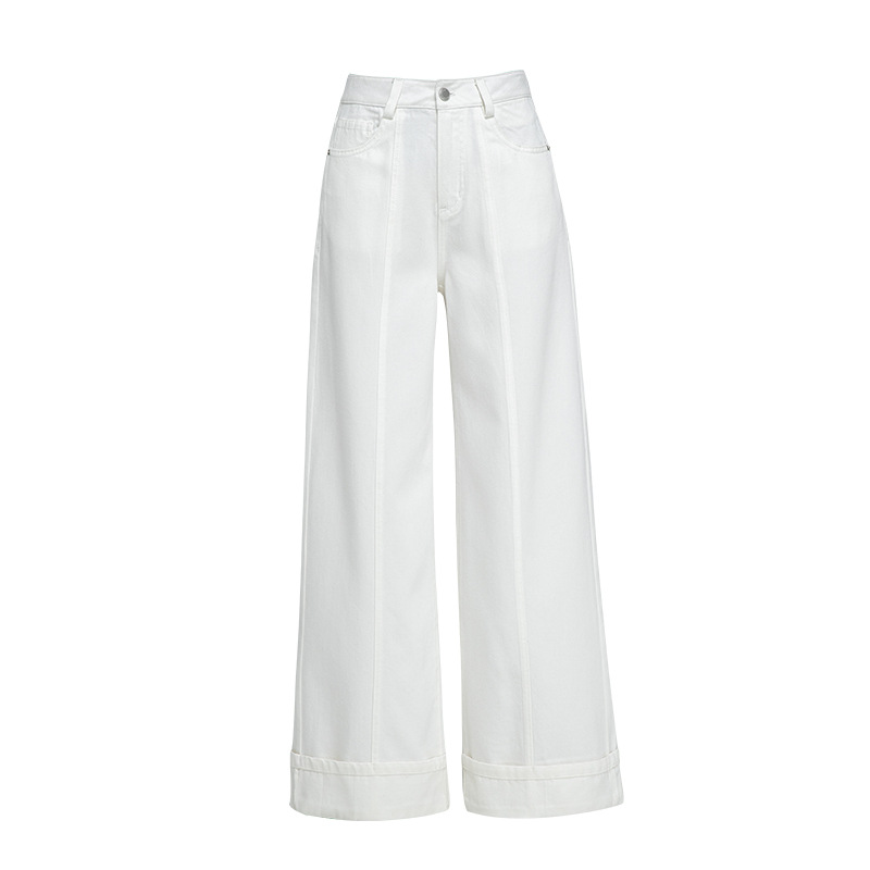 Quần jean ống rộng nữ cạp cao vải Tencel cotton mềm mại, dáng suông rộng, gấu xắn, mỏng nhẹ mùa hè — Màu trắng