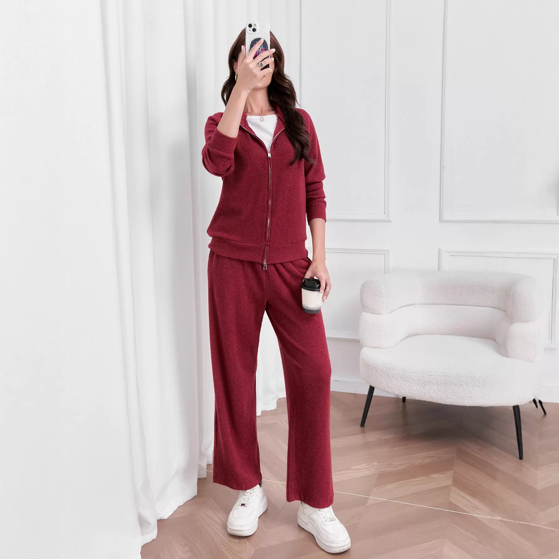 2025秋冬女套装欧美跨境纯色翻领拉链针织时尚休闲长袖宽松裤女装