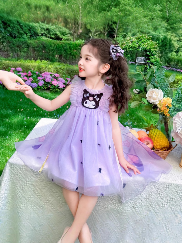 クロミの女の子のワンピースの夏服2025子供のネットの糸の王女のスカートの女性の赤ちゃんの夏のベストのスカートの翼のスカート|undefined
