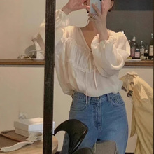 现货春季新款韩国东大门女装OB*ET甜美系带v领显瘦泡泡袖衬衫上衣