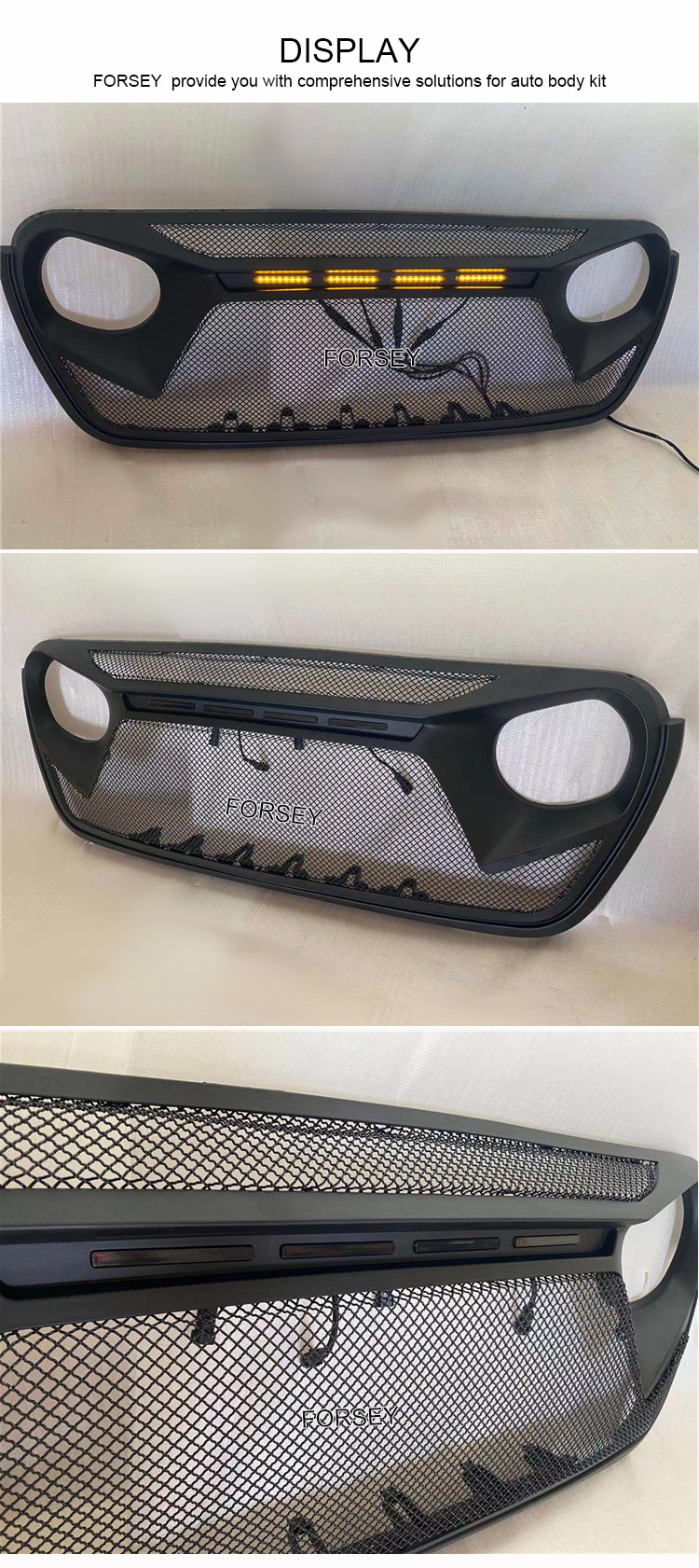 Suitable for 2018+ Jeep Wrangler JL front grille with lights, front bumper center mesh