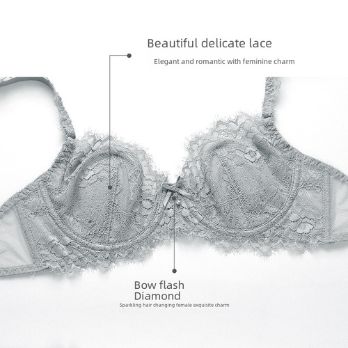 European and American sexy underwear ultra-thin transparent lace large cup bra big chest small show anti-sagging underwear set 