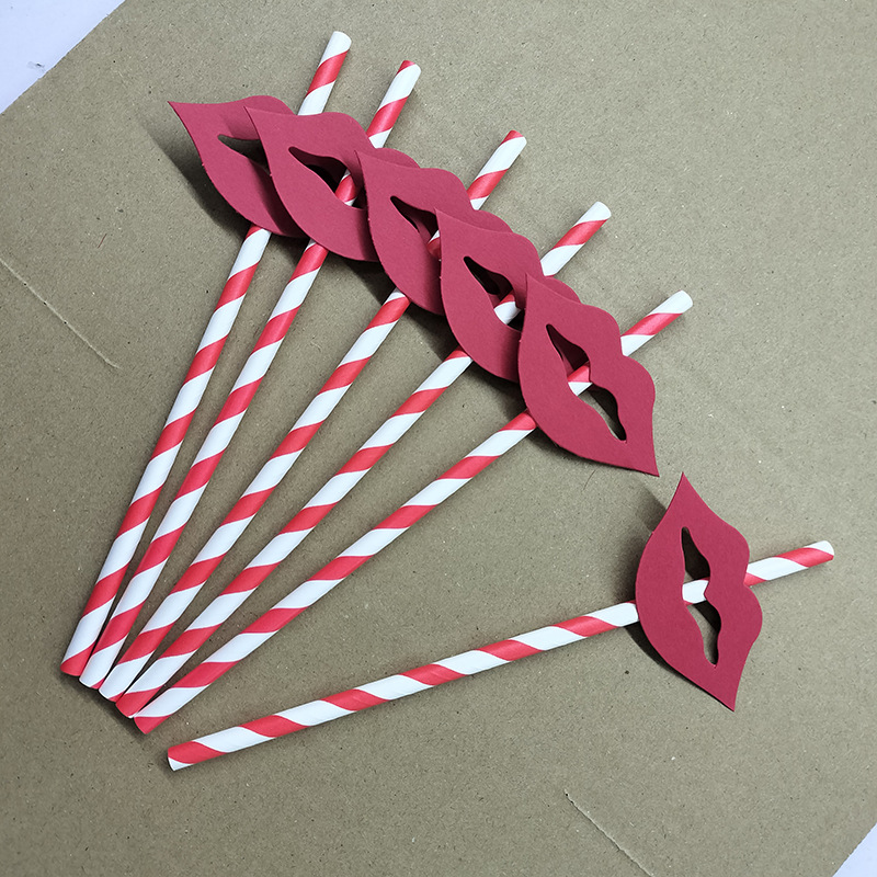 Paja de papel labio Rojo Tarjeta desechable degradable fiesta de boda paja postre pastel bebida paja decorativa