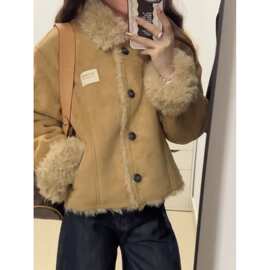 复古加绒加厚麂皮棉衣外套女冬季新款小个子翻领保暖短款上衣