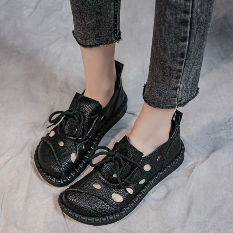 2026 nuevo tamaño de lazos delanteros de alta calidad retro sandálias romanas con base plana agujero agujero zapatos sandalias mujeres