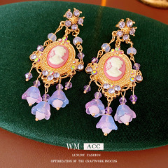 中古vintage镶钻花朵人像流苏耳环时尚百搭耳钉复古宫廷风耳饰女