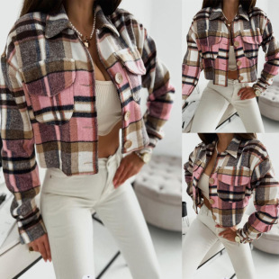 Aliexpress Amazon European and American Plaid Lapel Button Pocket Casual Jacket 2025 Spring Slim Fit