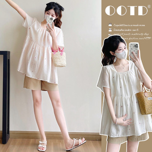 Ready-Made Maternity Wear Summer Short-Sleeved Fashionable Korean Style Square Collar Versatile Age-Reducing Baby Doll Tops for Pregnant Women