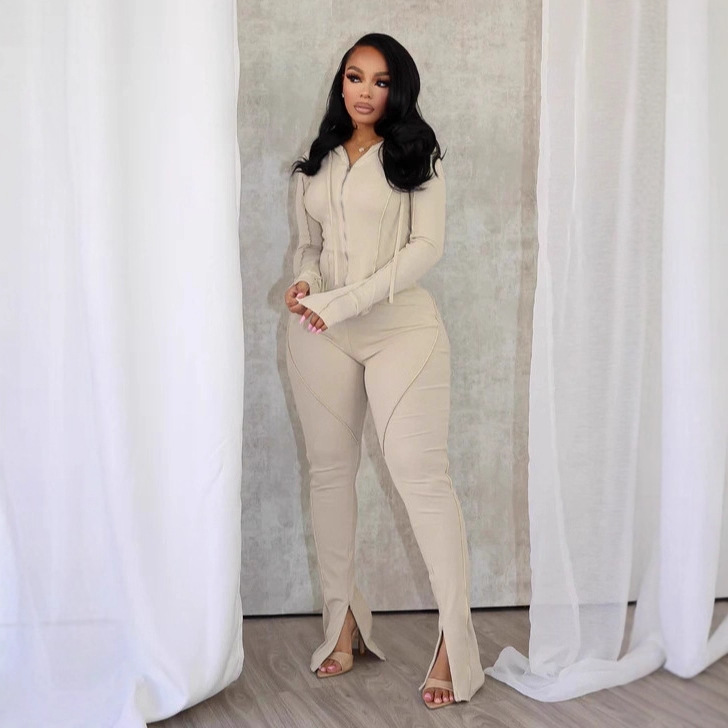 2025 Cross-Border European and American Export Independent Station Amazon New Fashion Pure Color Threaded Hooded Sweatshirt Pants Suit