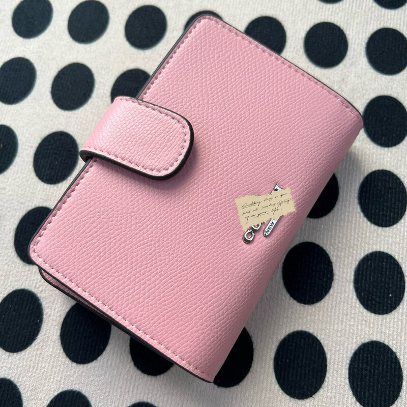 New Short Wallet Pink with Black Border Zipper Coin Clip Card Slot Design Snap Button Folding Wallet Gift Box Now