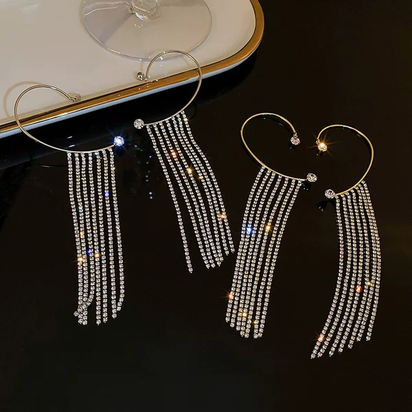 B584 Super Fairy Rhinestone Tassel Long Earrings for Women Korean Personality Easiest for Match Temperament Fashionable No Piercing Earrings Earrings