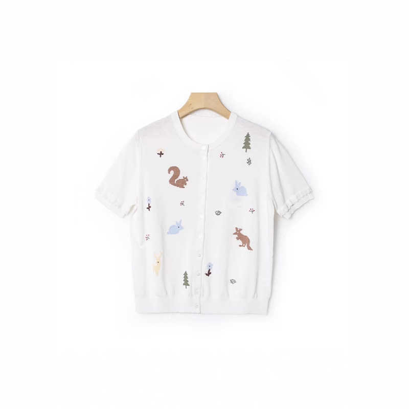 Fresh and Simple "Hand Embroidered" Animal Pattern Linen-Cotton Blend Lightweight Short-Sleeve T-Shirt with Round Neck Knitted Cardigan New Style Fresh and Simple "Hand Embroidered" Animal Pattern Linen-Cotton Blend Lightweight Short-Sleeve T-Shirt with Round Neck Knitted Cardigan New Style