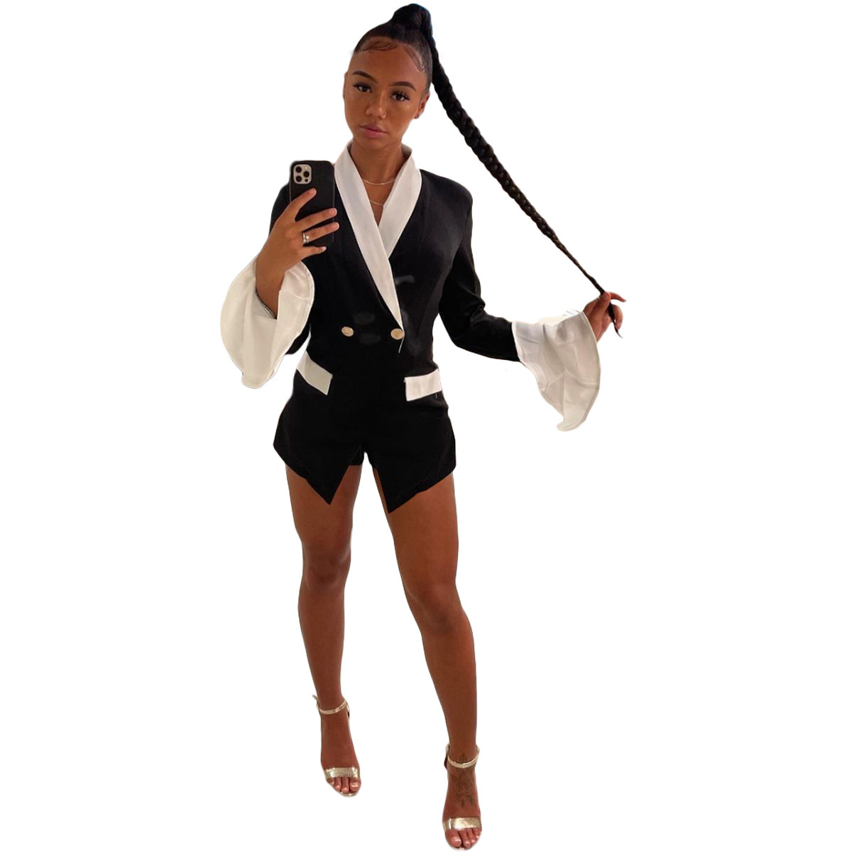 Women's Clothing autumn new black small for women solid color collar double breasted splicing flared sleeve suit jacket_voghion.com