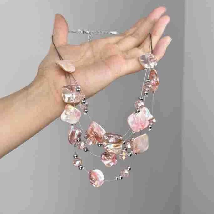 Unique Multi-Layered Pink Asymmetrical Gravel Necklace for Women 2025 New Exaggerated Niche Multi-Layered Clavicle Chain Necklace