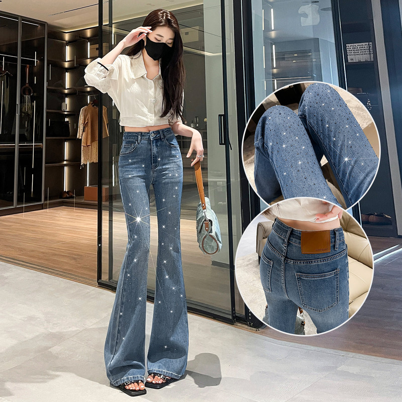 2026 Hot-Selling Super Shiny Rhinestone Light Blue Jeans, New Spring and Autumn Slim Fit, Curve-Enhancing Retro Flared Pants for Women
