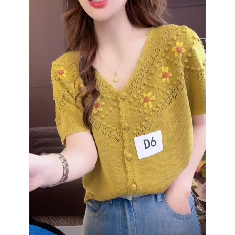 Knitted Ice Silk Summer Loose New Short-Sleeve Top Fashion Women's Hollow-Out Cardigan Thin Stylish 2026 Knitwear Knitted Ice Silk Summer Loose New Short-Sleeve Top Fashion Women's Hollow-Out Cardigan Thin Stylish 2026 Knitwear