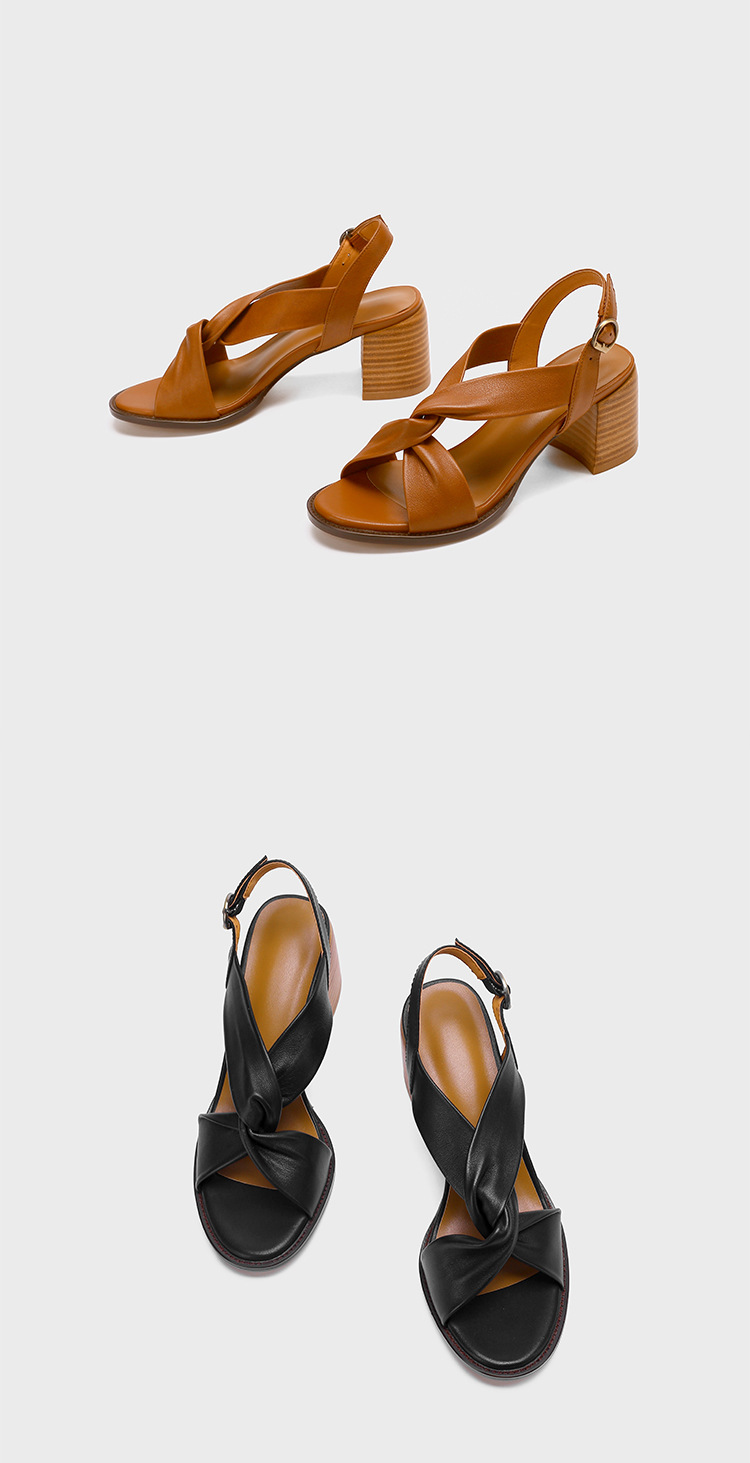 Sandal cao gót nữ da thật hở mũi quai ngang gót dày retro — Màu nâu chi tiết 18