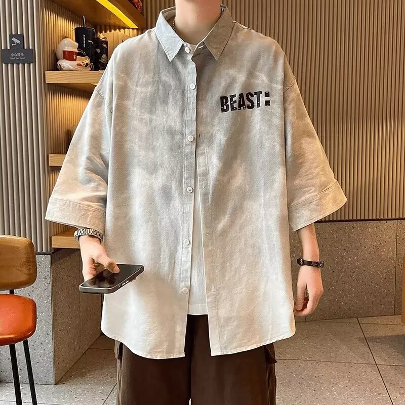 Summer Pure Cotton Three-Quarter Short-Sleeved Shirt for Men, Loose Large Size Tie-Dye Work Jacket, Thin Half-Sleeved Versatile Shirt