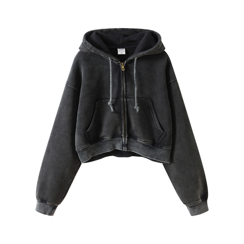 Men's Clothing high street fashion brand autumn and winter heavy 380G washed plus velvet zipper hooded sweatshirt retro hot girl short top_voghion.com