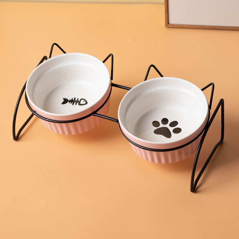 Fábrica al por mayor de cerámica gato comida tazón cuello protección diseño bebedero gato arroz tazón doble tazón antidetonante perro tazón de comida
