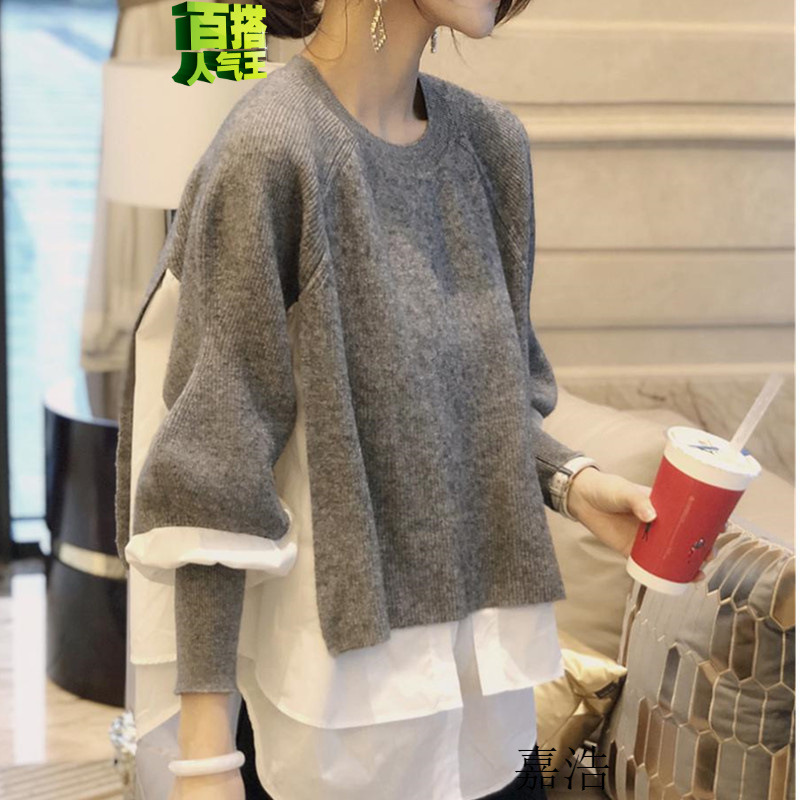 2023年秋季欧货女装毛衣圆领套头款女洋气拼贴/上衣潮货