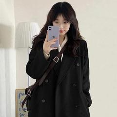双排扣黑色毛呢外套女赫本风呢子大衣小个子秋冬季新款韩系复古潮
