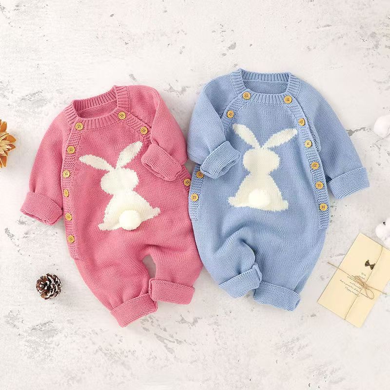 New European and American style solid color baby knitted rabbit button romper outdoor wool baby bodysuit cross-border 024