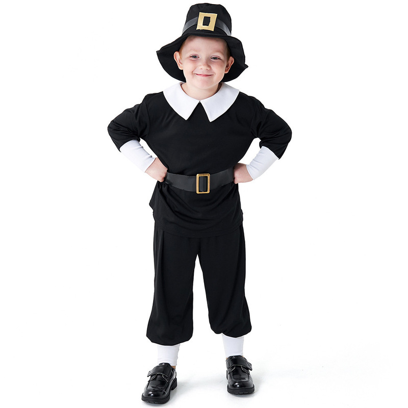 Children's Thanksgiving Retro Colonial Period Costume Pilgrim Outfit with Hat Black Stage Play School Performance Costume