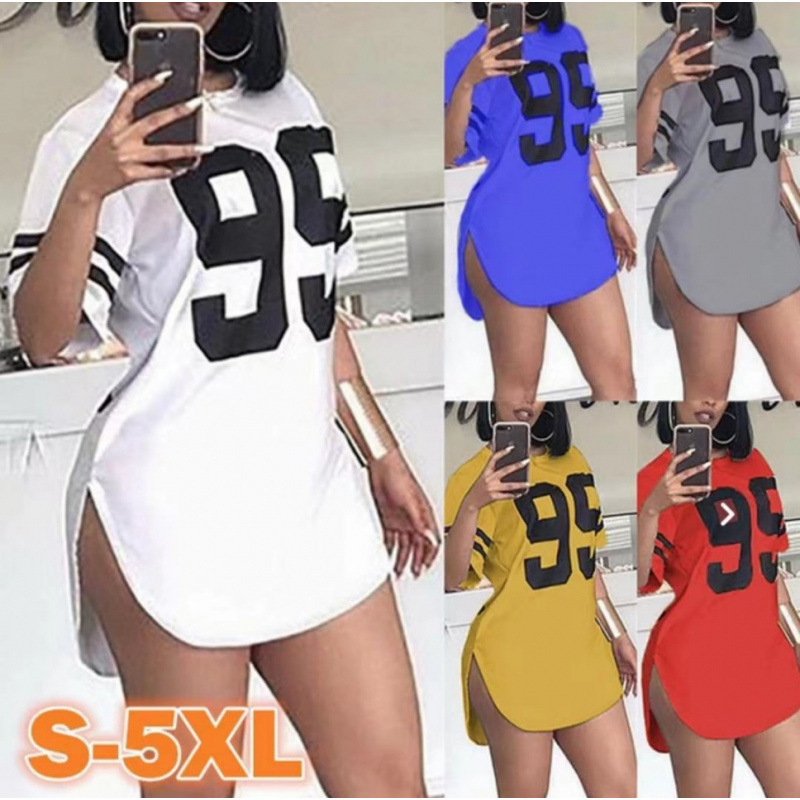 2023Wish Aliexpress European and American Spring and Summer Round Neck Digital Print Split Short-Sleeved T-Shirt Women's Style Digital Short-Sleeved T-Shirt