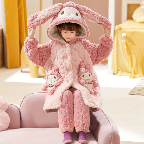 Children's Winter Coral Fleece Triple Layer Padded Thermal Set Baby Girl Sleepwear Home Suit