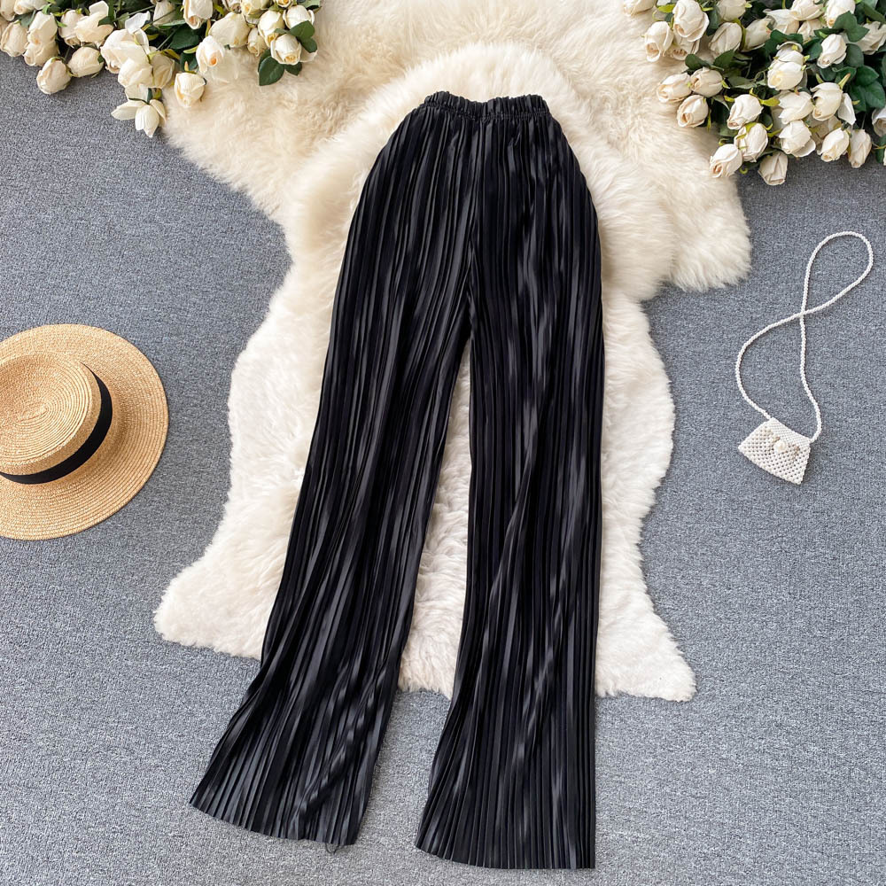 Temperament Ladies Fashionable And Chic Satin Casual Pants Women's Elastic Waist Summer Pleated Straight Wide Leg Mopping Trousers