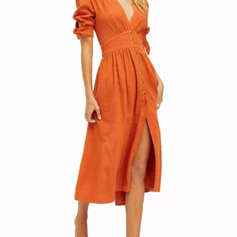 2026 Amazon New Foreign Trade Women's Clothing European and American Fast Fashion Sexy Deep V-Neck Long Buttoned Long-Sleeved Dress 2026 Amazon New Foreign Trade Women's Clothing European and American Fast Fashion Sexy Deep V-Neck Long Buttoned Long-Sleeved Dress