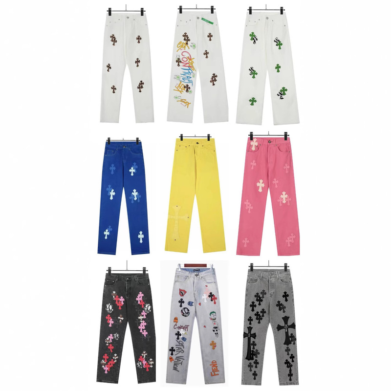 24 Correct Version Ch Crowe Cross Leather Embroidered Washed Jeans Couple Loose Denim Wholesale Dropshipping