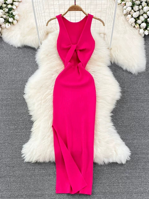 Sexy summer fitted long knitted sleevless dress sleevless